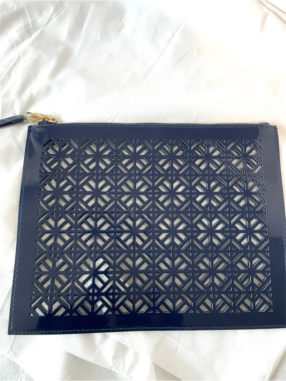 Tory Burch Navy Patent Geometric Cutout Zip Wristlet Clutch w/ Gold Hardware